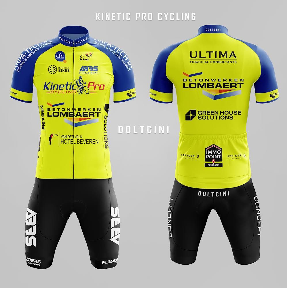 The Kinetic Pro Cycling race kit, front and back, in yellow, blue and black